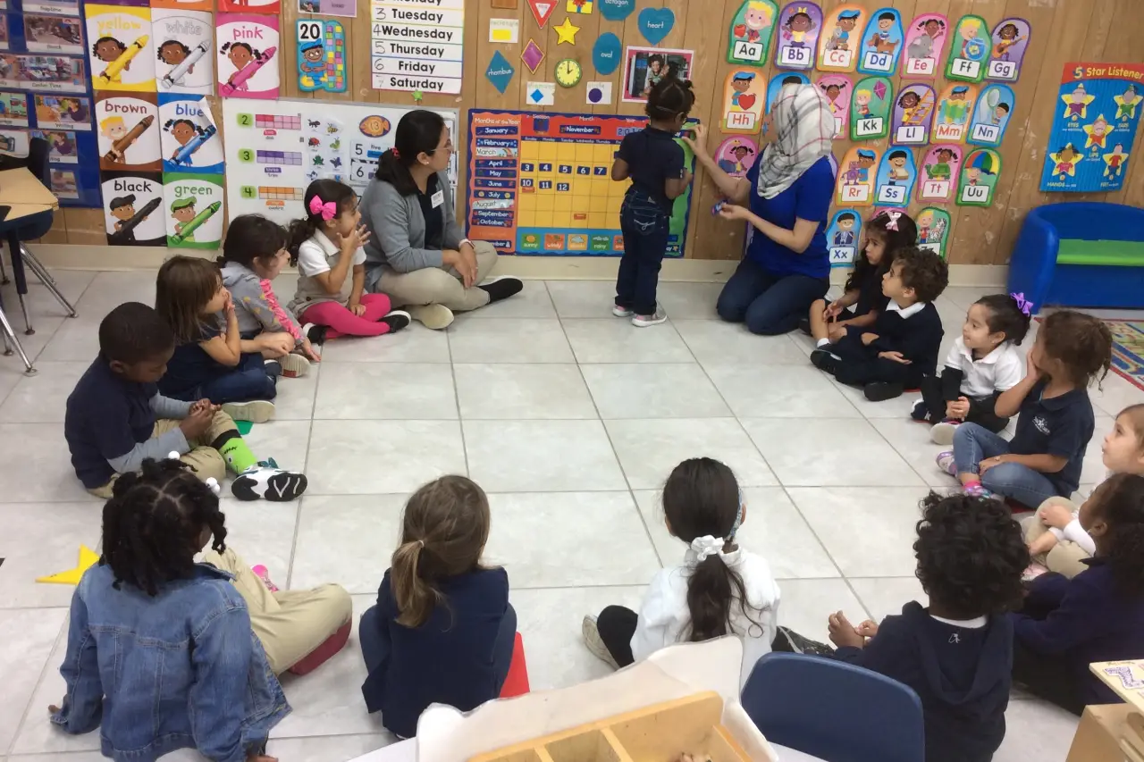 Children participating in a classroom circle time activity at Horizons Learning Centers in Orlando.